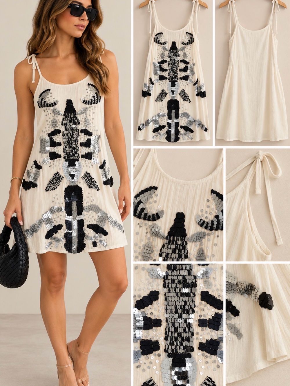 Sequin-Embellished Cream Tie-Shoulder Mini Dress - Picture 2 of 2